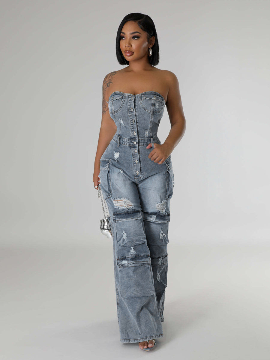 Cargo Strapless Denim Jumpsuit For Women - Blue Y2K Ripped Wide Leg Bodycon Playsuit With Pocket - Summer Night Out Club 2026
