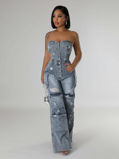Cargo Strapless Denim Jumpsuit For Women - Blue Y2K Ripped Wide Leg Bodycon Playsuit With Pocket - Summer Night Out Club 2026