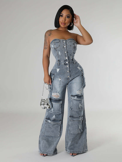 Cargo Strapless Denim Jumpsuit For Women - Blue Y2K Ripped Wide Leg Bodycon Playsuit With Pocket - Summer Night Out Club 2026