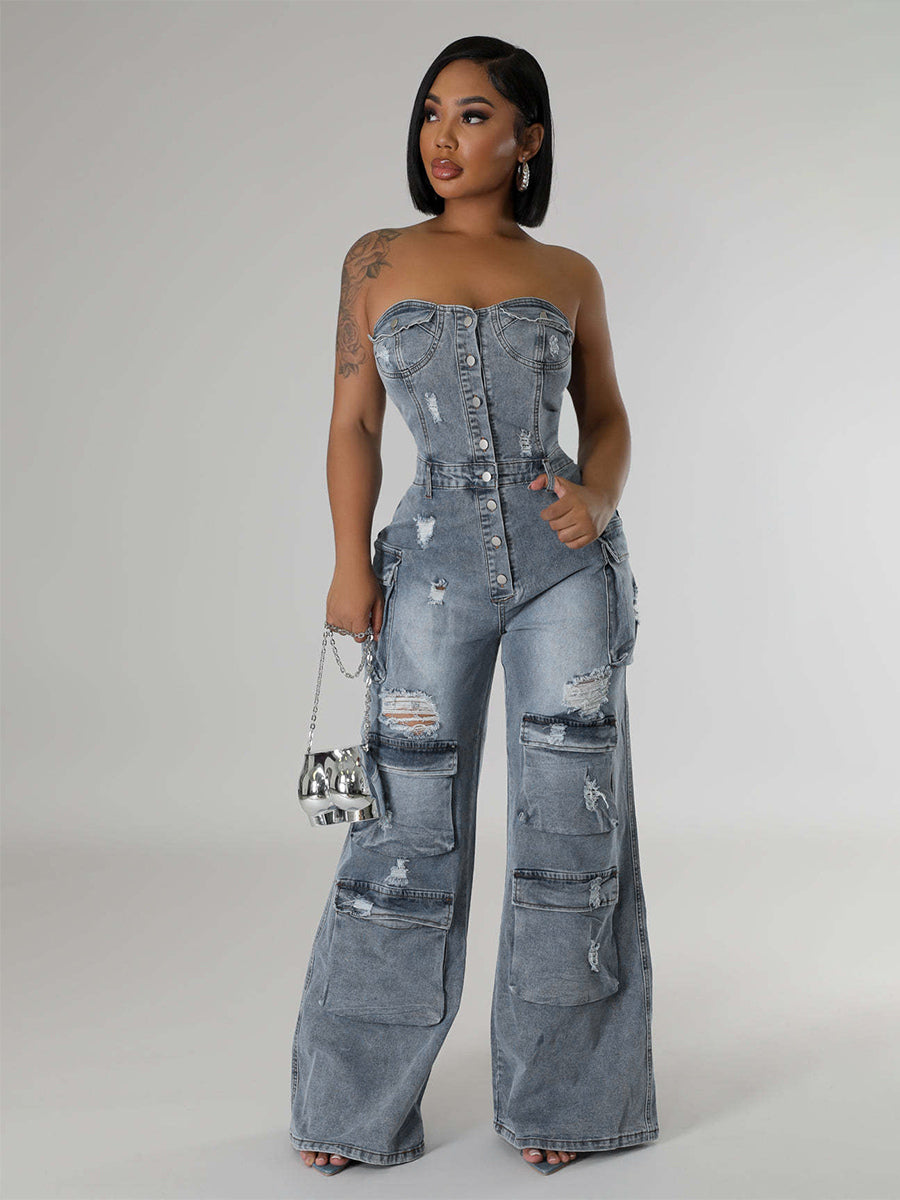 Cargo Strapless Denim Jumpsuit For Women - Blue Y2K Ripped Wide Leg Bodycon Playsuit With Pocket - Summer Night Out Club 2026