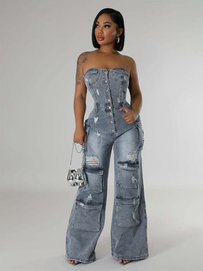 Cargo Strapless Denim Jumpsuit For Women - Blue Y2K Ripped Wide Leg Bodycon Playsuit With Pocket - Summer Night Out Club 2026