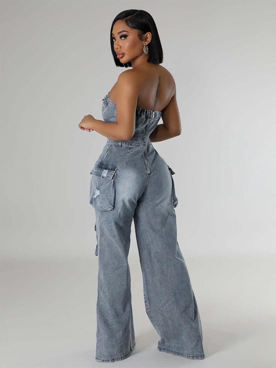 Cargo Strapless Denim Jumpsuit For Women - Blue Y2K Ripped Wide Leg Bodycon Playsuit With Pocket - Summer Night Out Club 2026