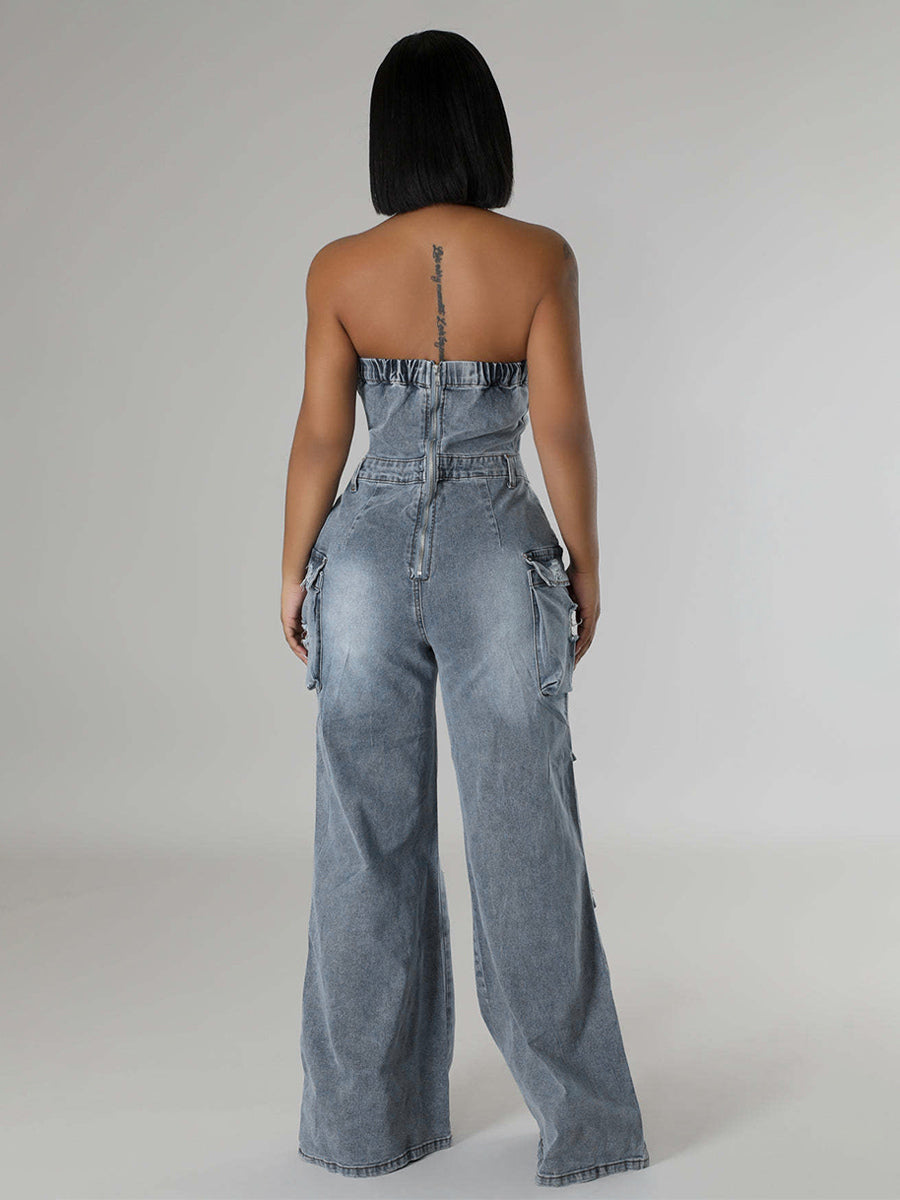 Cargo Strapless Denim Jumpsuit For Women - Blue Y2K Ripped Wide Leg Bodycon Playsuit With Pocket - Summer Night Out Club 2026