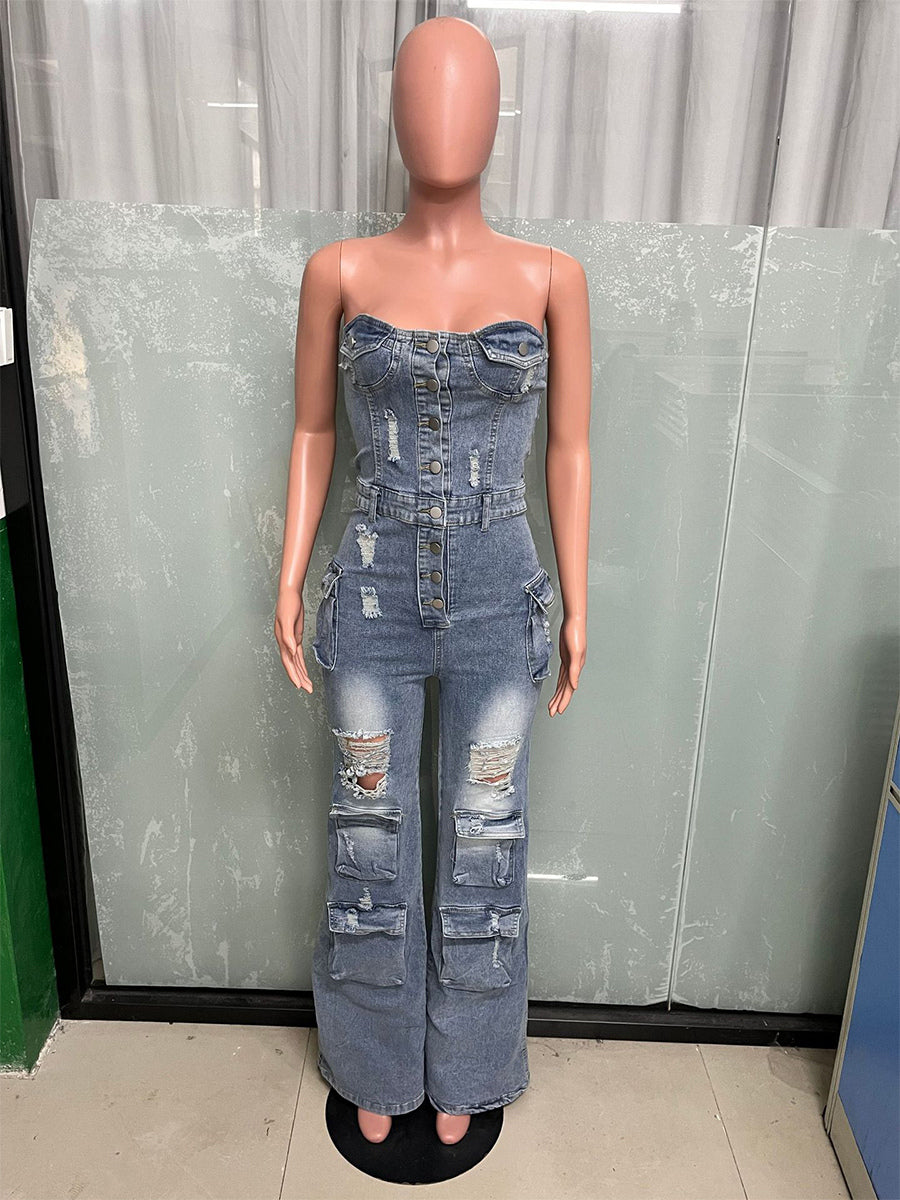 Cargo Strapless Denim Jumpsuit For Women - Blue Y2K Ripped Wide Leg Bodycon Playsuit With Pocket - Summer Night Out Club 2026