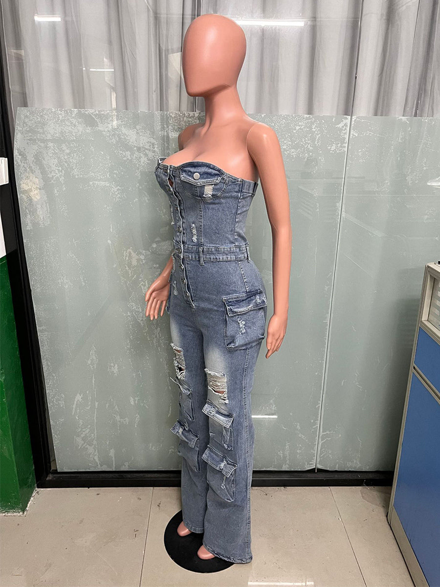 Cargo Strapless Denim Jumpsuit For Women - Blue Y2K Ripped Wide Leg Bodycon Playsuit With Pocket - Summer Night Out Club 2026
