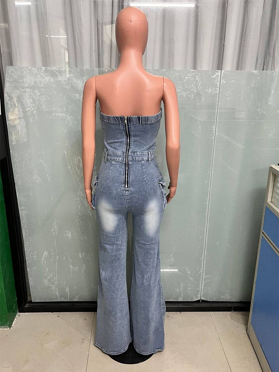 Cargo Strapless Denim Jumpsuit For Women - Blue Y2K Ripped Wide Leg Bodycon Playsuit With Pocket - Summer Night Out Club 2026