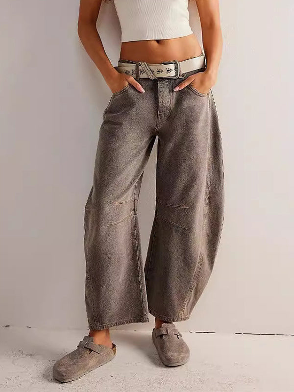 Barrel Leg Jeans For Women - Horseshoe Cut Baggy Wide Leg Denim Trousers With Seam Detail - Spring Casual Streetwear 2026