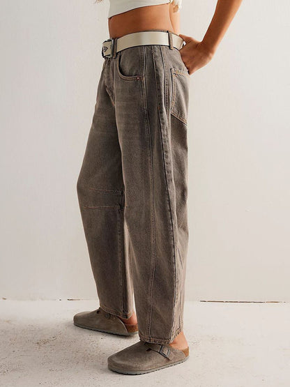 Barrel Leg Jeans For Women - Horseshoe Cut Baggy Wide Leg Denim Trousers With Seam Detail - Spring Casual Streetwear 2026
