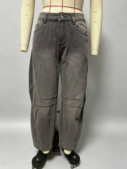 Barrel Leg Jeans For Women - Horseshoe Cut Baggy Wide Leg Denim Trousers With Seam Detail - Spring Casual Streetwear 2026