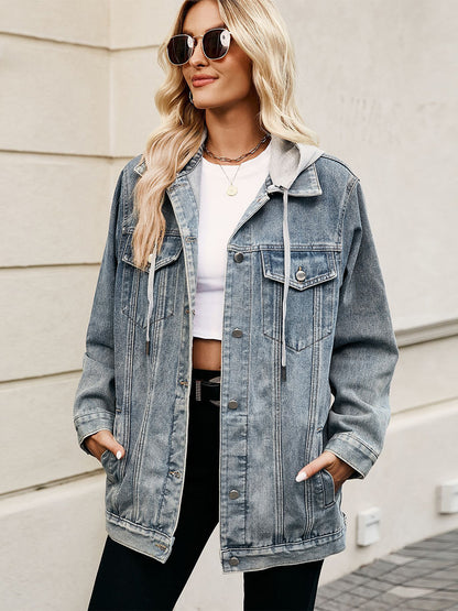 Oversized Hooded Denim Jacket For Women - Long Boyfriend Fit Distressed Jean Trucker Coat - Spring Chic Streetwear 2026