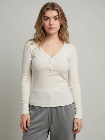 Ribbed Henley Shirt Top For Women - Casual V-Neck Long Sleeve Slim Fit Button Front Jersey Tee - Spring Daily Wear 2026