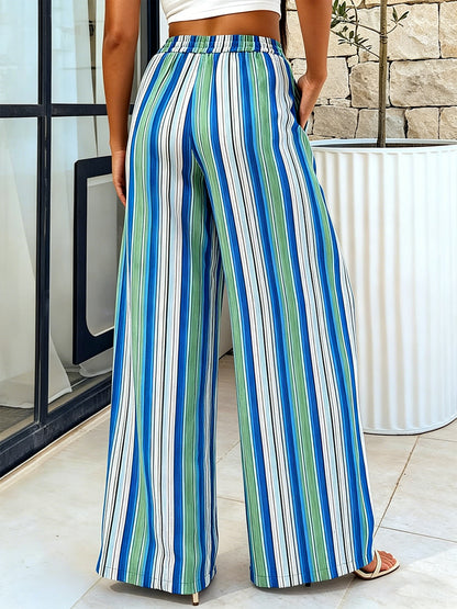 Boho Striped Wide Leg Pants For Women - Vertical Print High Waisted Drawstring Palazzo Trousers - Summer Beach Resort 2026