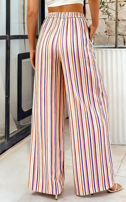 Boho Striped Wide Leg Pants For Women - Vertical Print High Waisted Drawstring Palazzo Trousers - Summer Beach Resort 2026