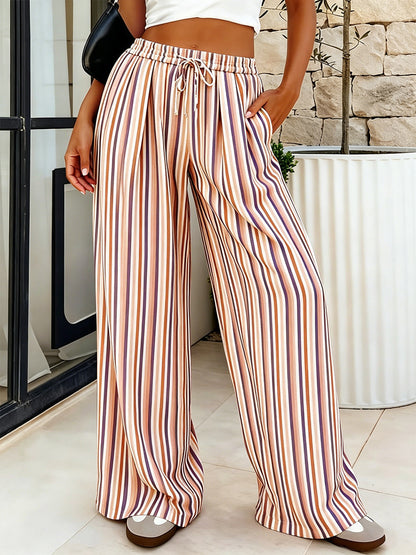 Boho Striped Wide Leg Pants For Women - Vertical Print High Waisted Drawstring Palazzo Trousers - Summer Beach Resort 2026