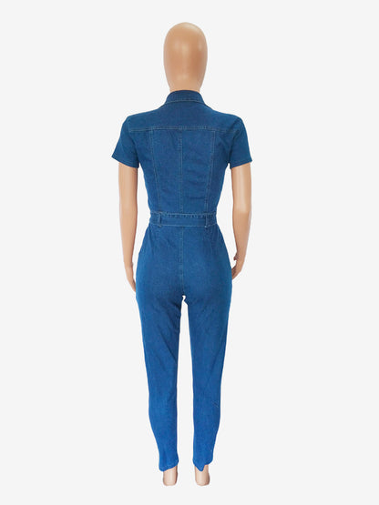 Short Sleeve Denim Jumpsuit For Women - Blue Casual Zip Up Belted Skinny Fit Jean Romper - All Season Daily Clubwear 2026