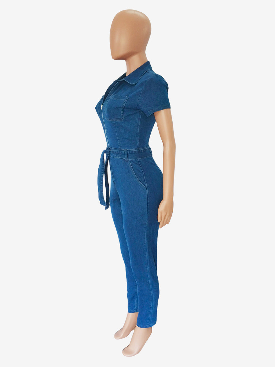 Short Sleeve Denim Jumpsuit For Women - Blue Casual Zip Up Belted Skinny Fit Jean Romper - All Season Daily Clubwear 2026