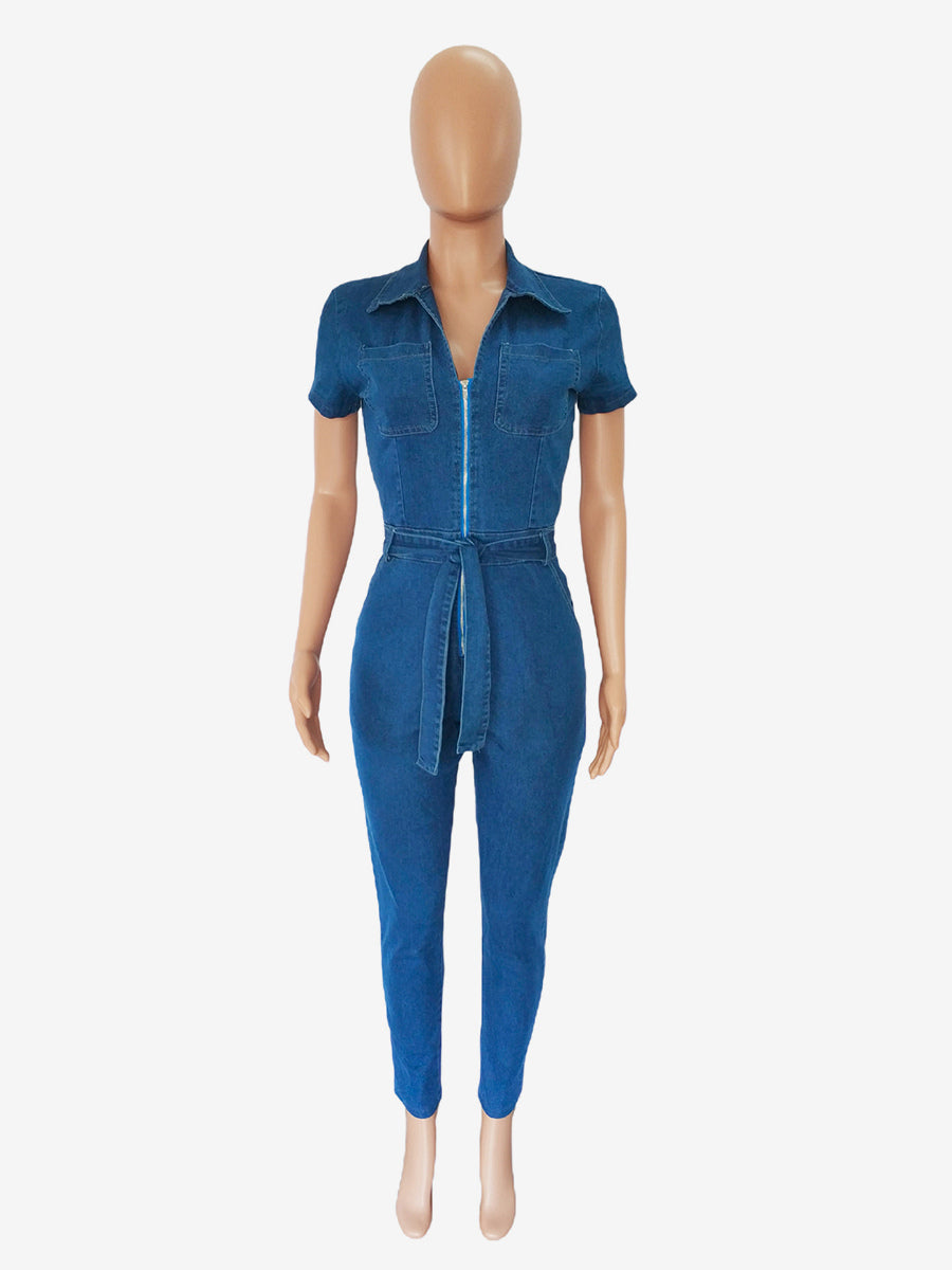 Short Sleeve Denim Jumpsuit For Women - Blue Casual Zip Up Belted Skinny Fit Jean Romper - All Season Daily Clubwear 2026