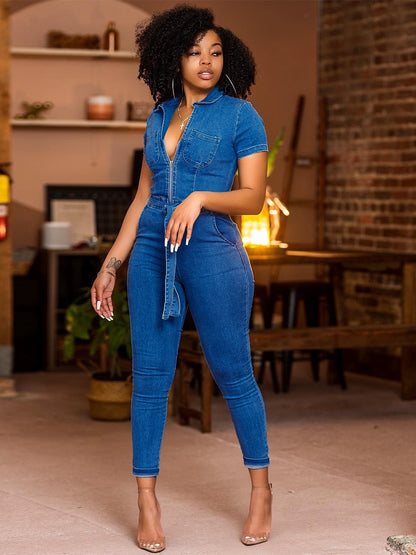 Short Sleeve Denim Jumpsuit For Women - Blue Casual Zip Up Belted Skinny Fit Jean Romper - All Season Daily Clubwear 2026