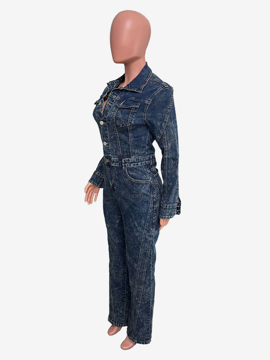 Long Sleeve Denim Jumpsuit For Women - Dark Wash Vintage Button Up Wide Leg Bodycon Playsuit - Spring Streetwear 2026