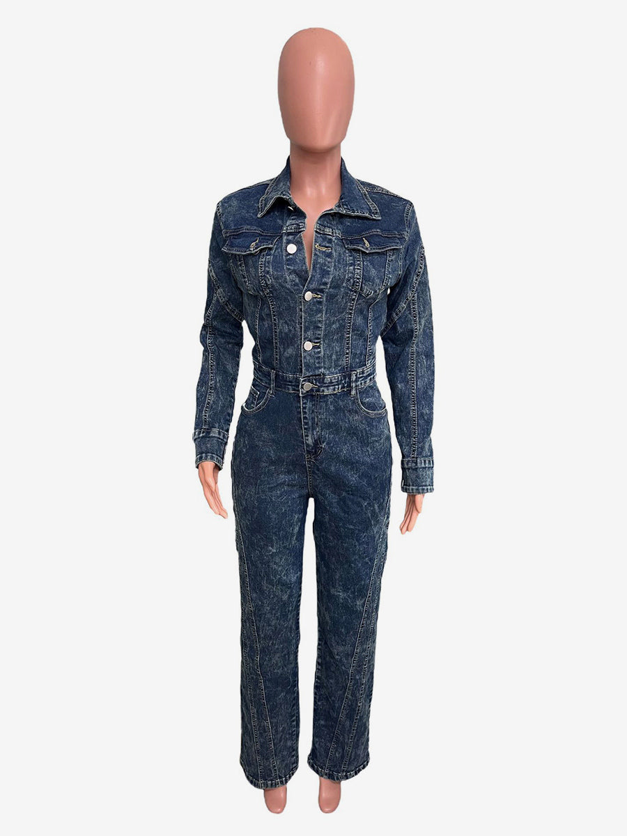 Long Sleeve Denim Jumpsuit For Women - Dark Wash Vintage Button Up Wide Leg Bodycon Playsuit - Spring Streetwear 2026