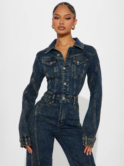 Long Sleeve Denim Jumpsuit For Women - Dark Wash Vintage Button Up Wide Leg Bodycon Playsuit - Spring Streetwear 2026