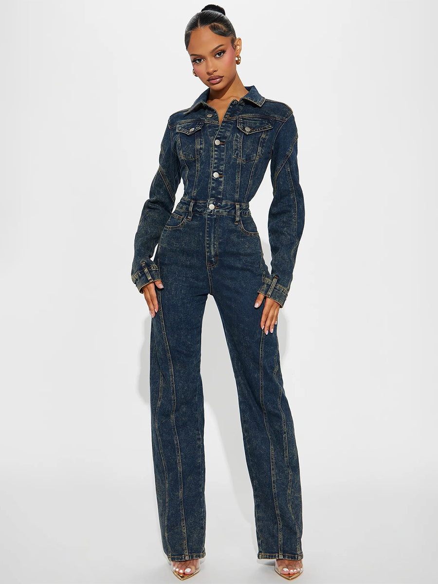 Long Sleeve Denim Jumpsuit For Women - Dark Wash Vintage Button Up Wide Leg Bodycon Playsuit - Spring Streetwear 2026