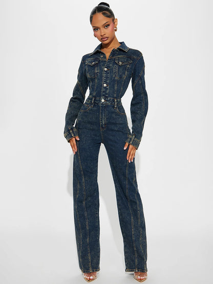 Long Sleeve Denim Jumpsuit For Women - Dark Wash Vintage Button Up Wide Leg Bodycon Playsuit - Spring Streetwear 2026
