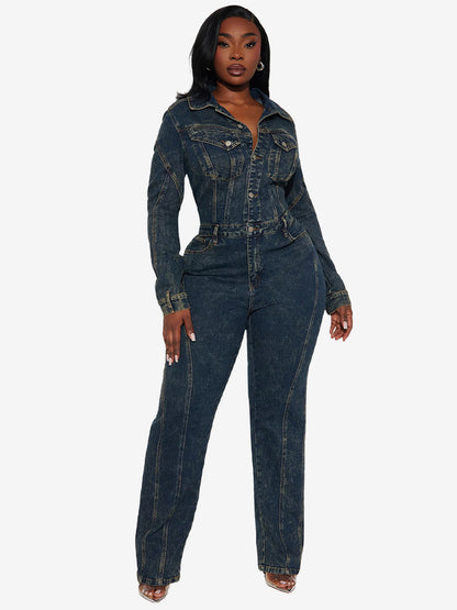 Long Sleeve Denim Jumpsuit For Women - Dark Wash Vintage Button Up Wide Leg Bodycon Playsuit - Spring Streetwear 2026