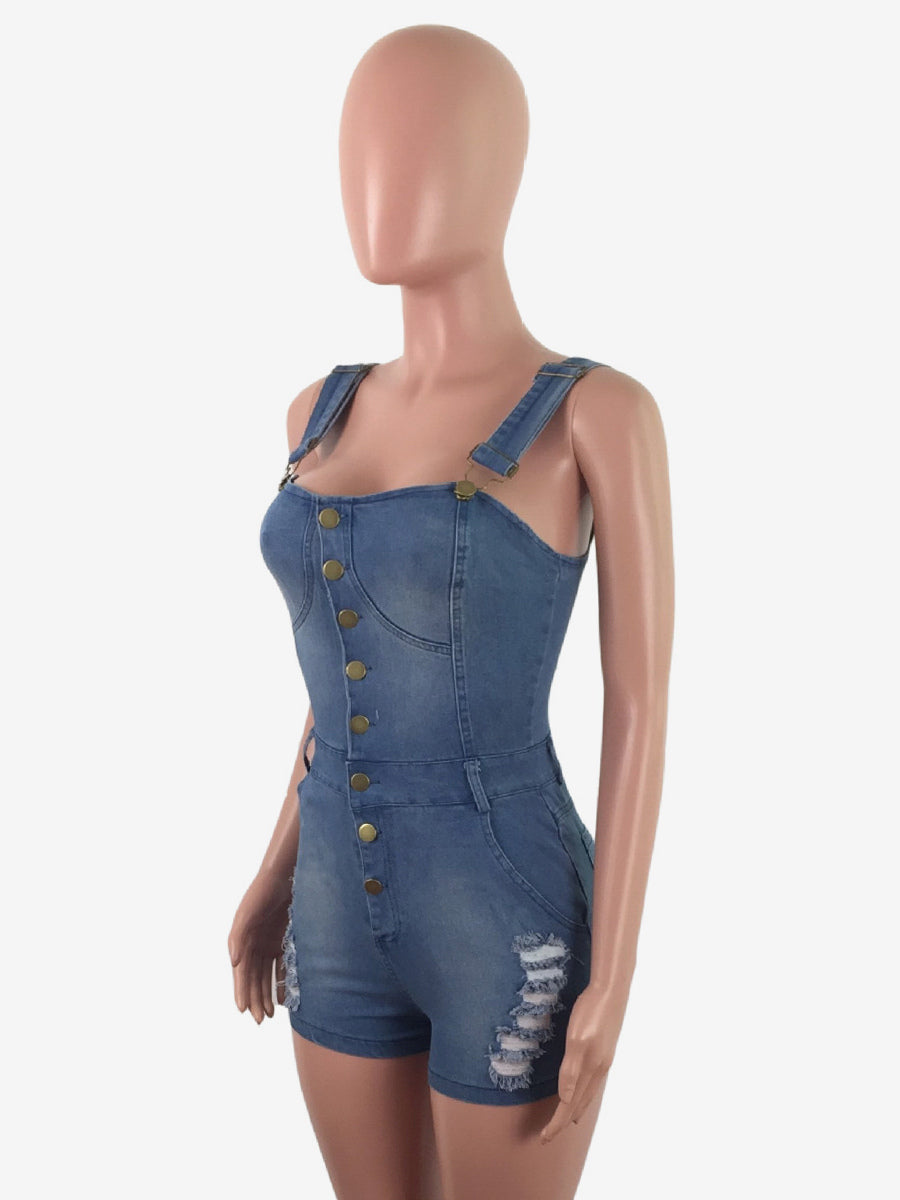 Slim Fit Denim Romper For Women - Blue Sexy Button Up Distressed Ripped Jean Jumpsuit Shorts - Summer Outdoor Party 2026