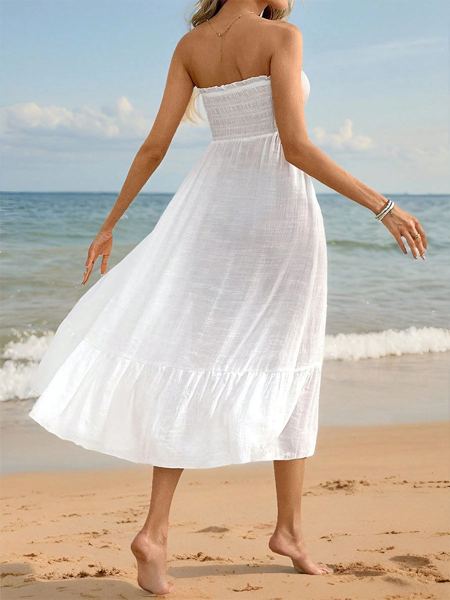 2-in-1 Beach Cover Up Dress For Women - White Smocked Maxi Skirt Side Slit Flowy Sundress - Summer Beach Vacation 2026