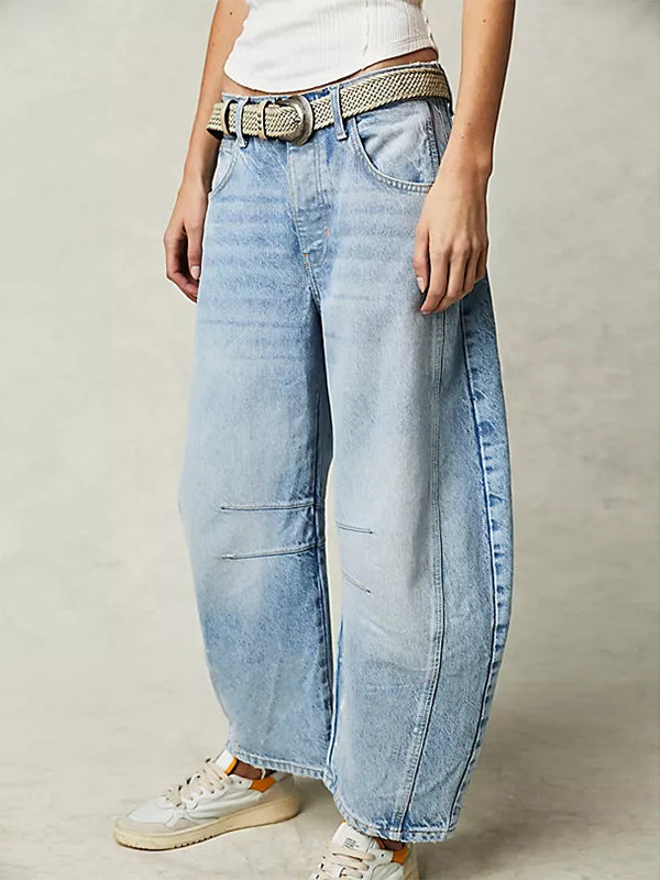 Horseshoe Barrel Jeans For Women - Baggy Wide Leg Washed Denim Trousers With Curved Seam - Spring Streetwear 2026