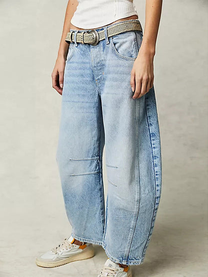 Horseshoe Barrel Jeans For Women - Baggy Wide Leg Washed Denim Trousers With Curved Seam - Spring Streetwear 2026