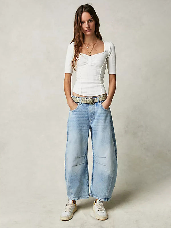 Horseshoe Barrel Jeans For Women - Baggy Wide Leg Washed Denim Trousers With Curved Seam - Spring Streetwear 2026