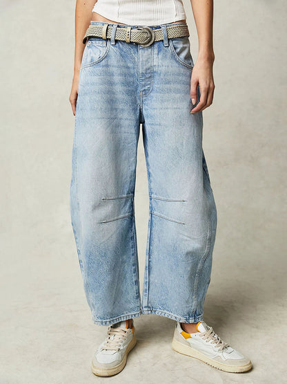 Horseshoe Barrel Jeans For Women - Baggy Wide Leg Washed Denim Trousers With Curved Seam - Spring Streetwear 2026