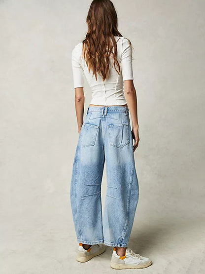 Horseshoe Barrel Jeans For Women - Baggy Wide Leg Washed Denim Trousers With Curved Seam - Spring Streetwear 2026