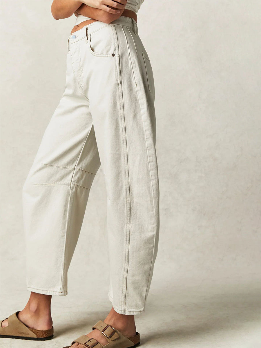Horseshoe Barrel Jeans For Women - Baggy Wide Leg Washed Denim Trousers With Curved Seam - Spring Streetwear 2026