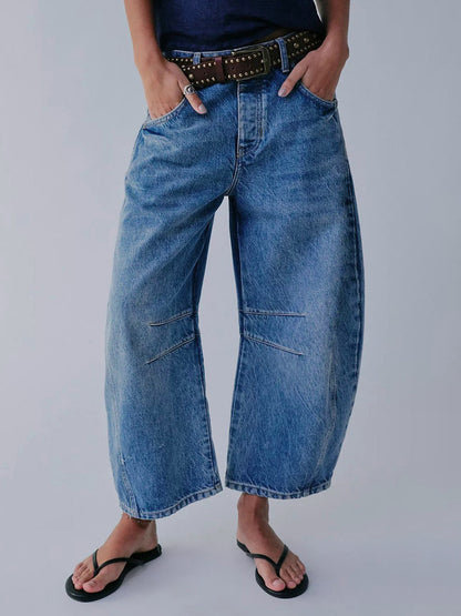 Horseshoe Barrel Jeans For Women - Baggy Wide Leg Washed Denim Trousers With Curved Seam - Spring Streetwear 2026