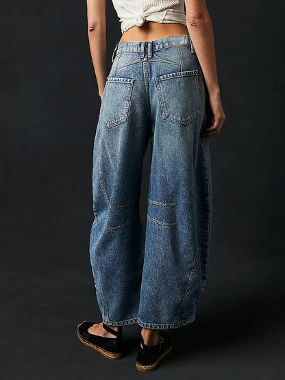 Horseshoe Barrel Jeans For Women - Baggy Wide Leg Washed Denim Trousers With Curved Seam - Spring Streetwear 2026