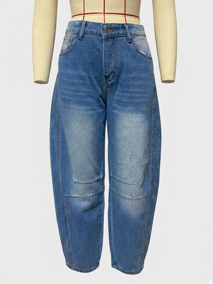 Horseshoe Barrel Jeans For Women - Baggy Wide Leg Washed Denim Trousers With Curved Seam - Spring Streetwear 2026