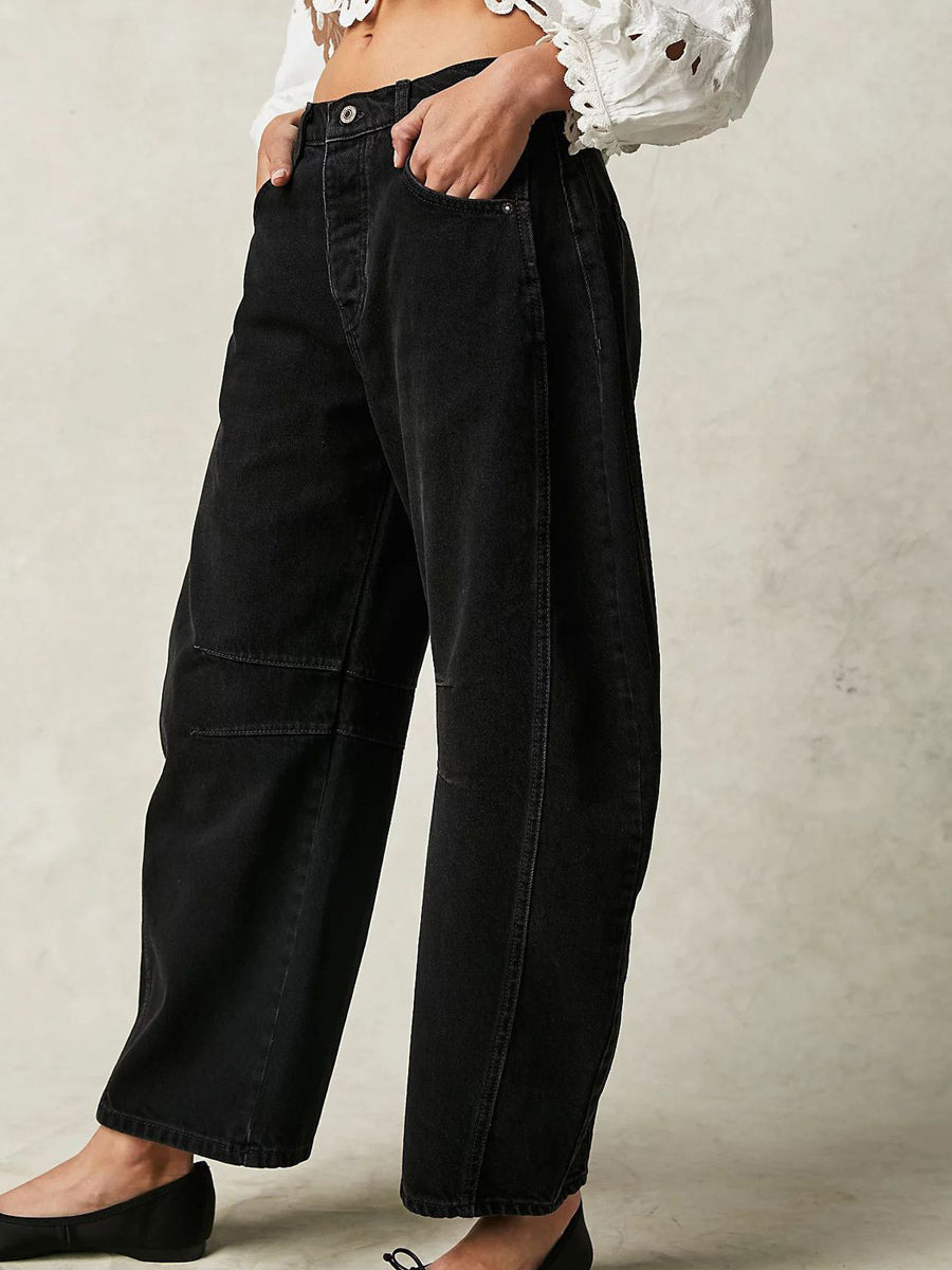 Horseshoe Barrel Jeans For Women - Baggy Wide Leg Washed Denim Trousers With Curved Seam - Spring Streetwear 2026