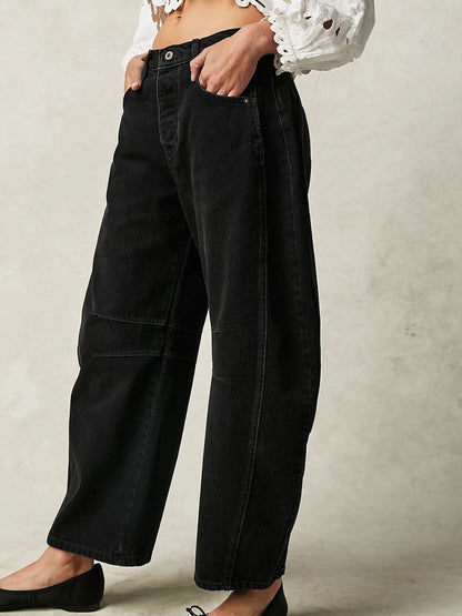 Horseshoe Barrel Jeans For Women - Baggy Wide Leg Washed Denim Trousers With Curved Seam - Spring Streetwear 2026