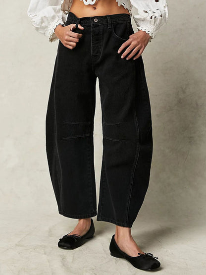 Horseshoe Barrel Jeans For Women - Baggy Wide Leg Washed Denim Trousers With Curved Seam - Spring Streetwear 2026