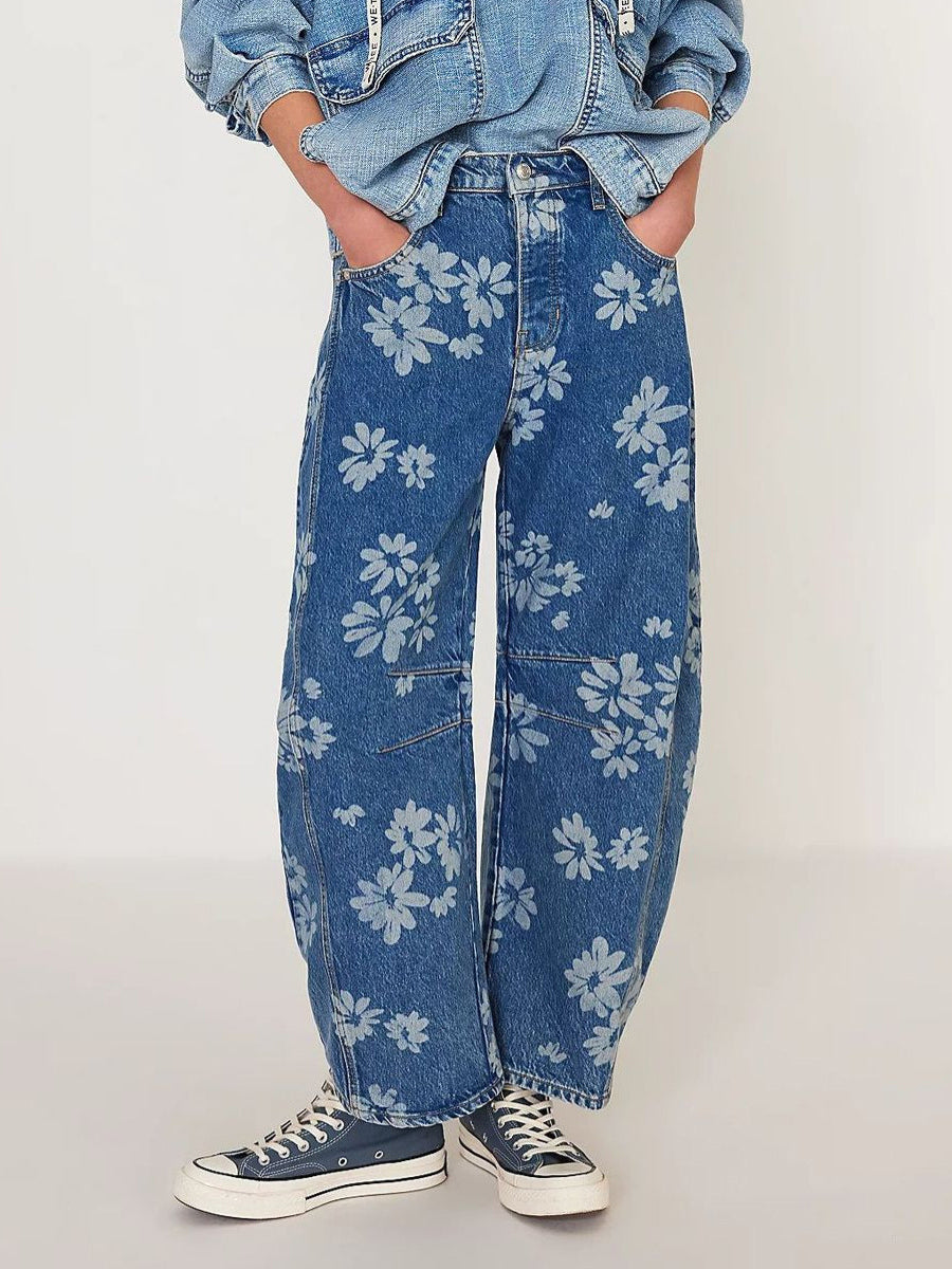 Floral Barrel Leg Jeans For Women - Boho Horseshoe Cut Wide Leg Denim Pants - Spring Music Festival 2026