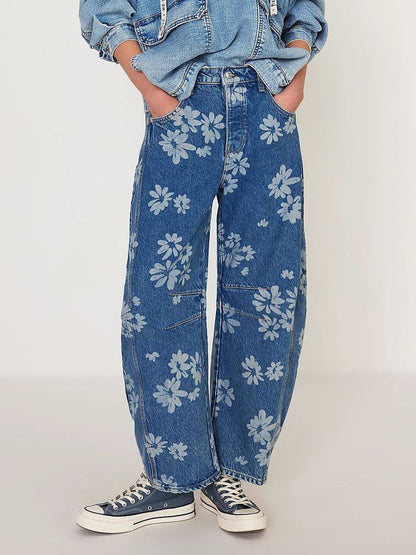 Floral Barrel Leg Jeans For Women - Boho Horseshoe Cut Wide Leg Denim Pants - Spring Music Festival 2026