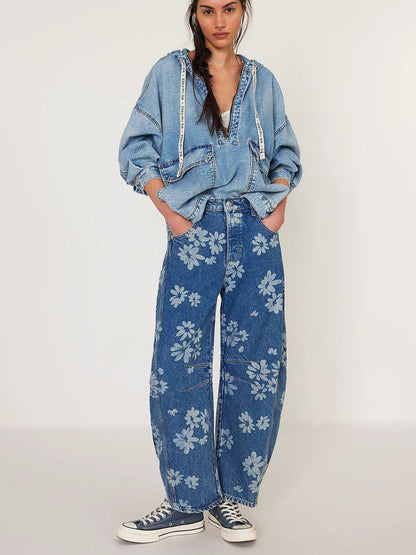 Floral Barrel Leg Jeans For Women - Boho Horseshoe Cut Wide Leg Denim Pants - Spring Music Festival 2026