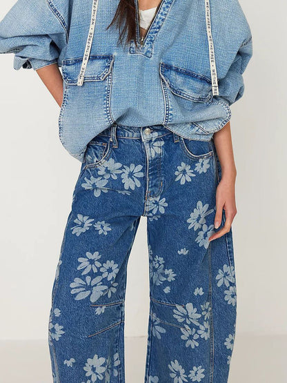 Floral Barrel Leg Jeans For Women - Boho Horseshoe Cut Wide Leg Denim Pants - Spring Music Festival 2026