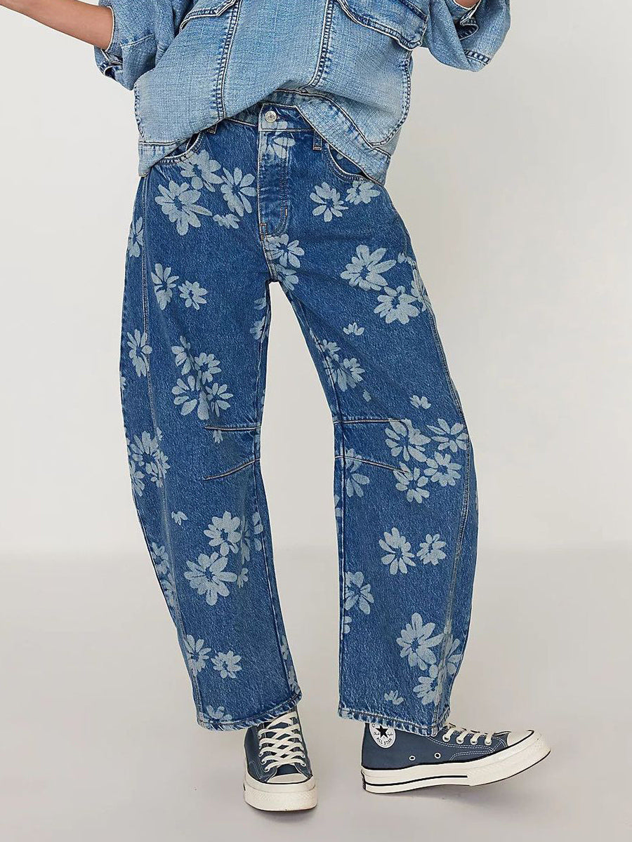 Floral Barrel Leg Jeans For Women - Boho Horseshoe Cut Wide Leg Denim Pants - Spring Music Festival 2026