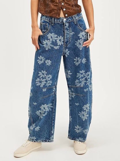 Floral Barrel Leg Jeans For Women - Boho Horseshoe Cut Wide Leg Denim Pants - Spring Music Festival 2026