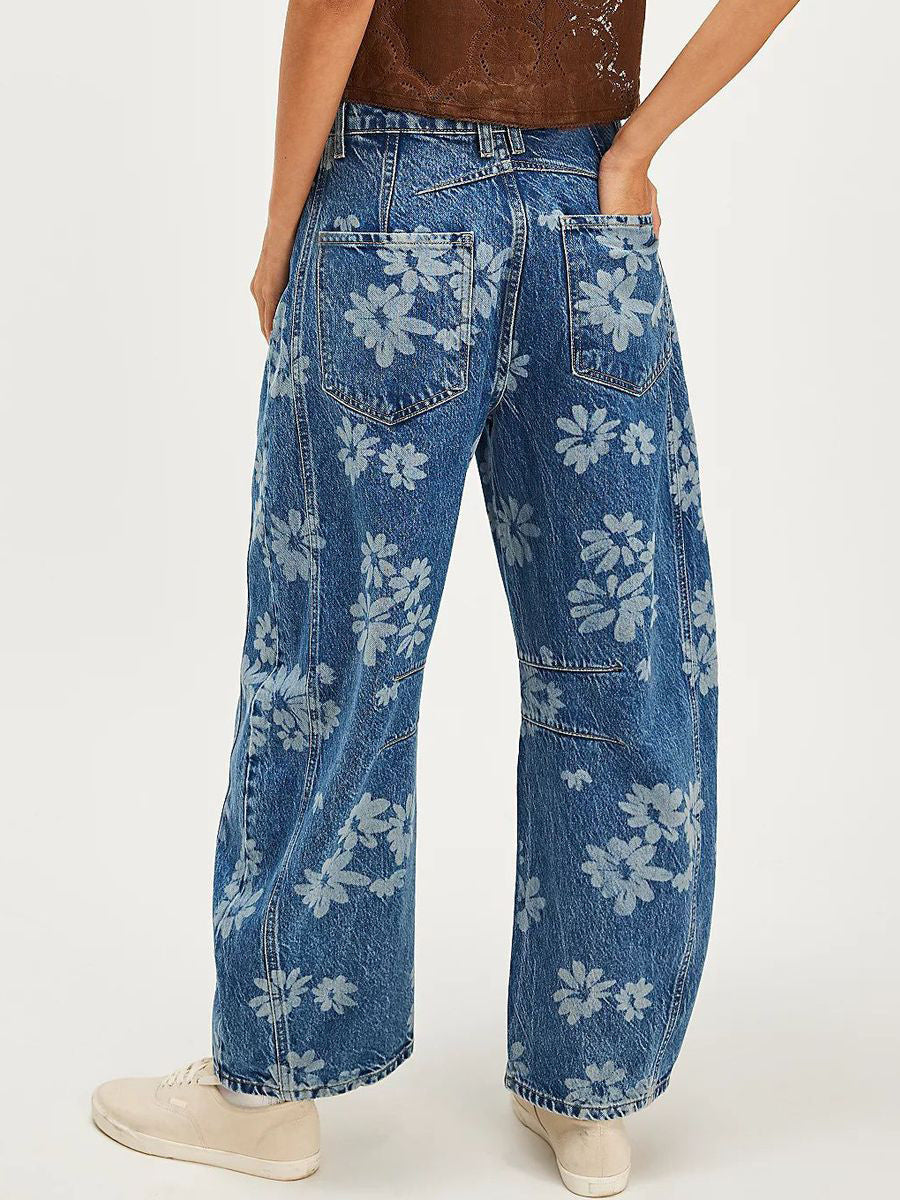 Floral Barrel Leg Jeans For Women - Boho Horseshoe Cut Wide Leg Denim Pants - Spring Music Festival 2026
