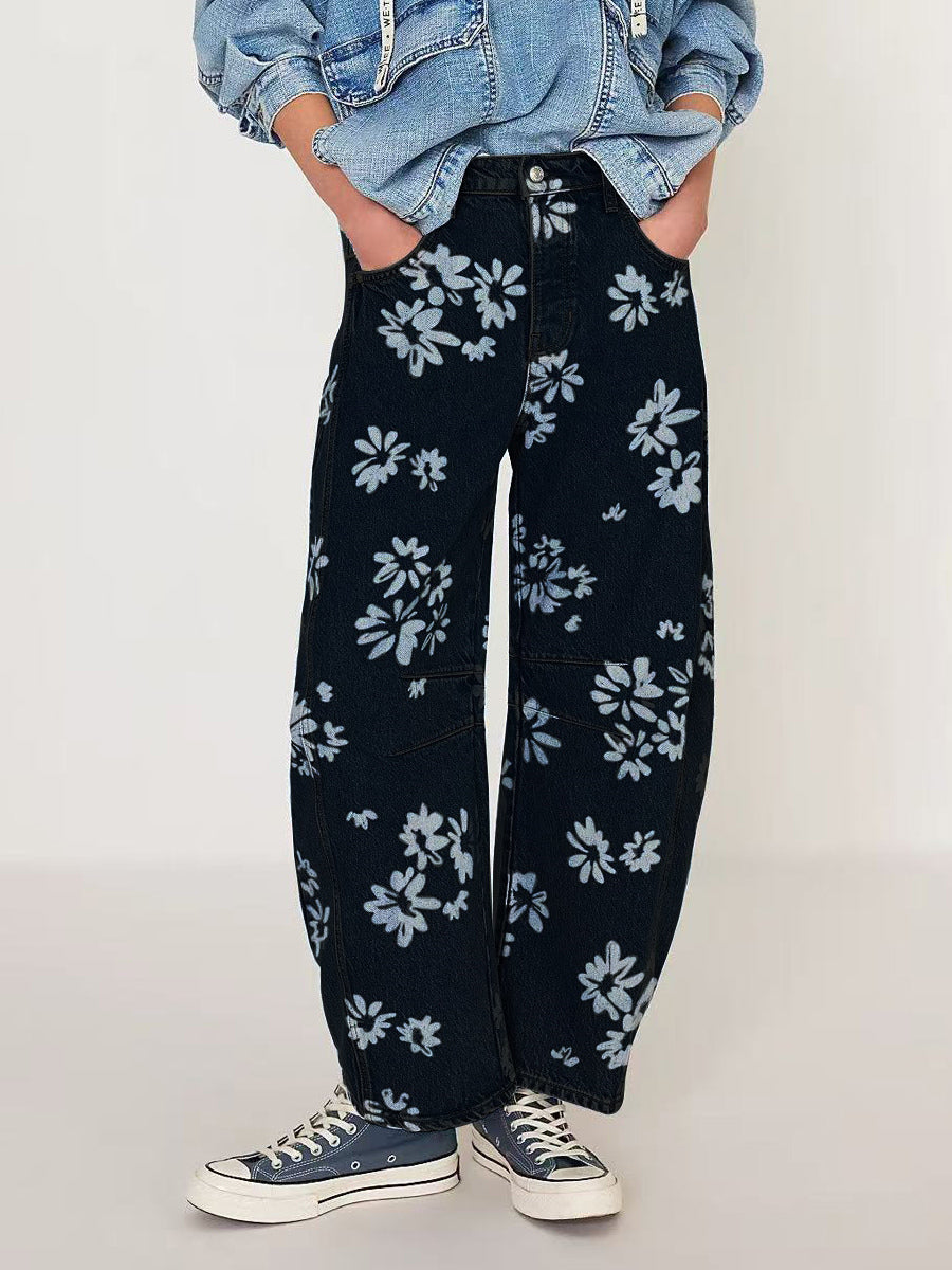 Floral Barrel Leg Jeans For Women - Boho Horseshoe Cut Wide Leg Denim Pants - Spring Music Festival 2026